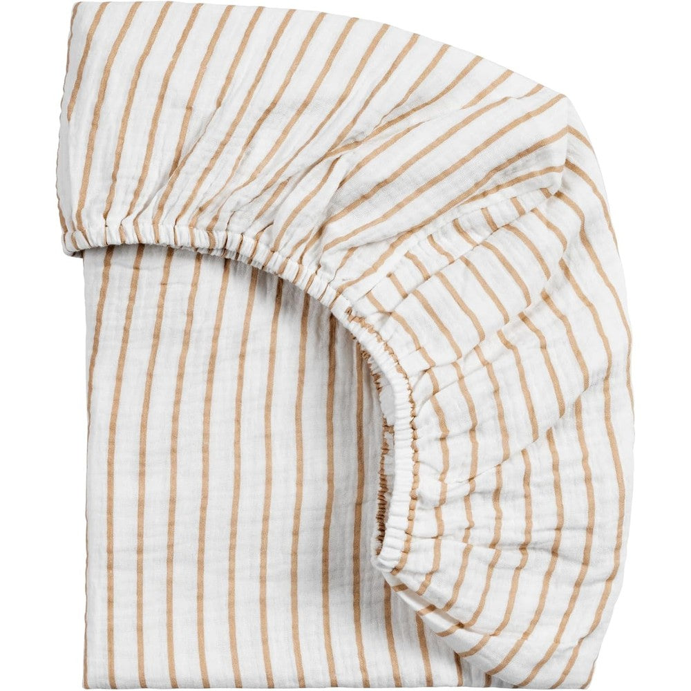 Meracorallo muslin mini crib sheet in neutral stripe pattern showcasing full front view on a playard mattress.