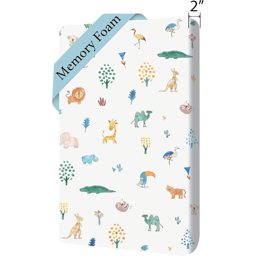 BabeBliss Cotton Pack and Play Baby Mattress front view featuring a premium white animal print cover.