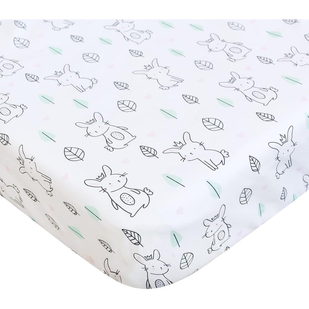 Moonsea pack and play fitted mini crib sheet front view on a playard mattress