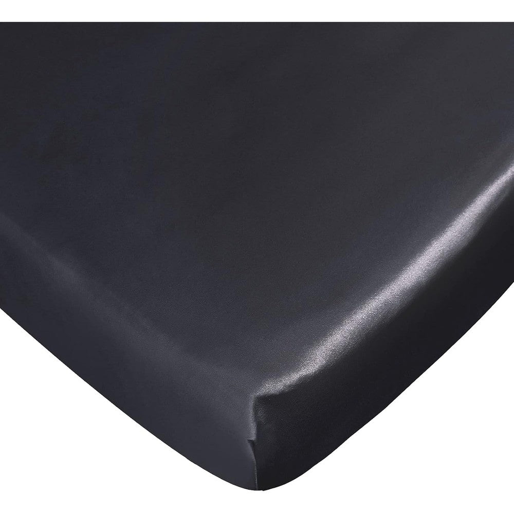 Coldwind satin pack and play fitted sheet in black front view showcasing smooth texture.
