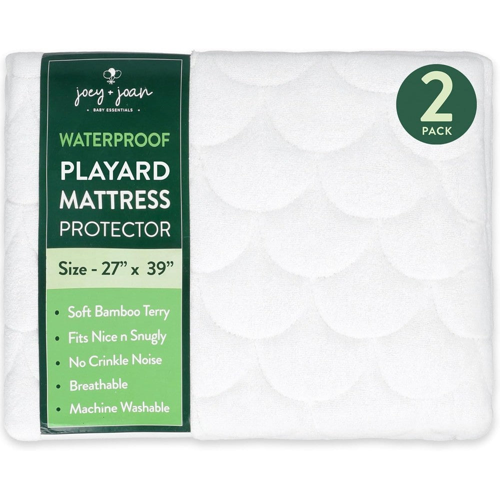 Joey + Joan Waterproof Pack and Play Mattress Pad Protector Cover two pack front view packaging