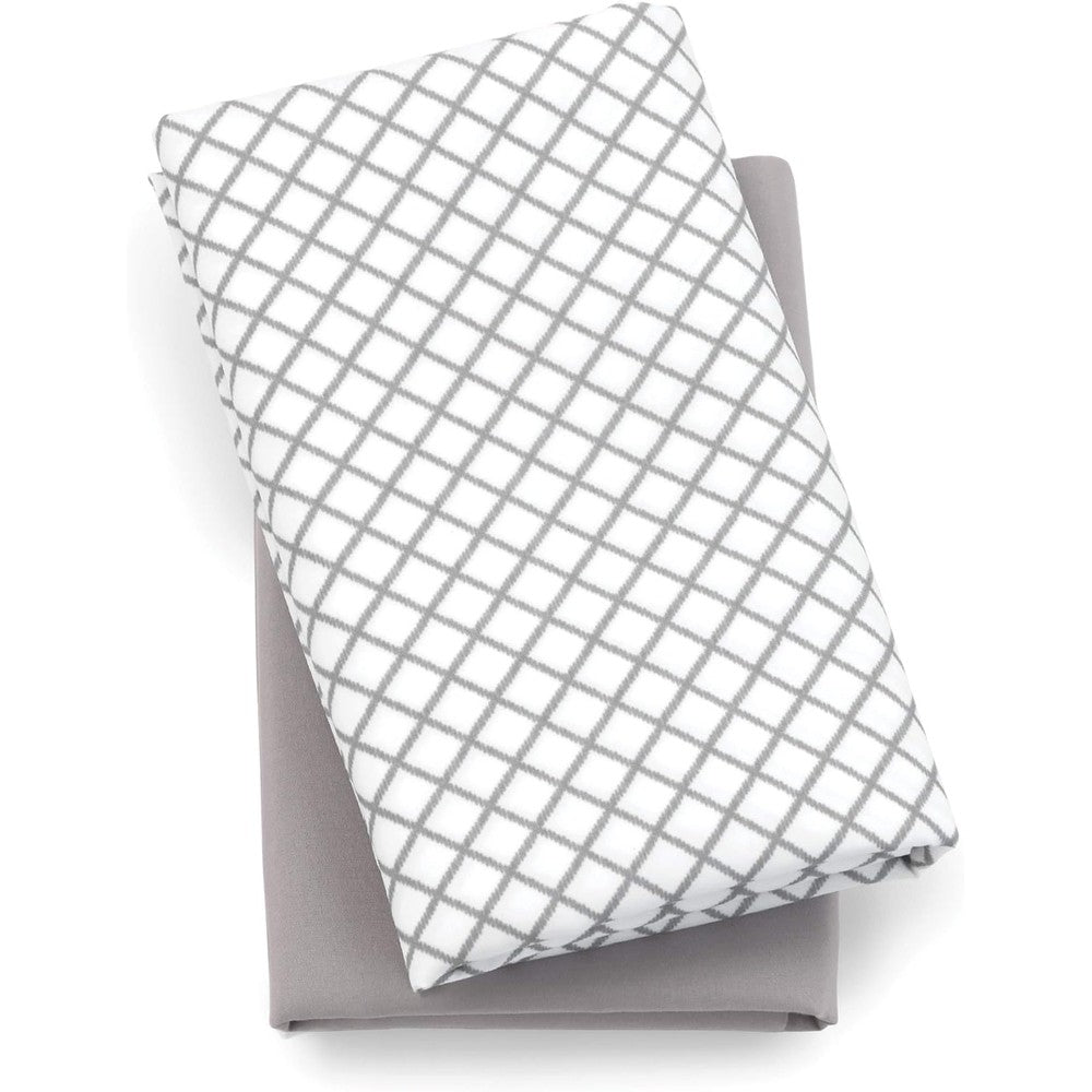 Chicco Lullaby Playard Sheets Grey Diamond pack front view showcasing premium baby bedding.