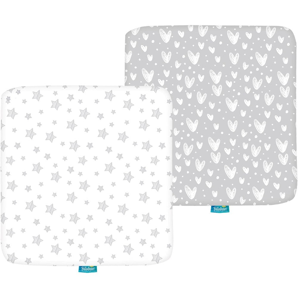Biloban square playard fitted sheets pack showing grey hearts design