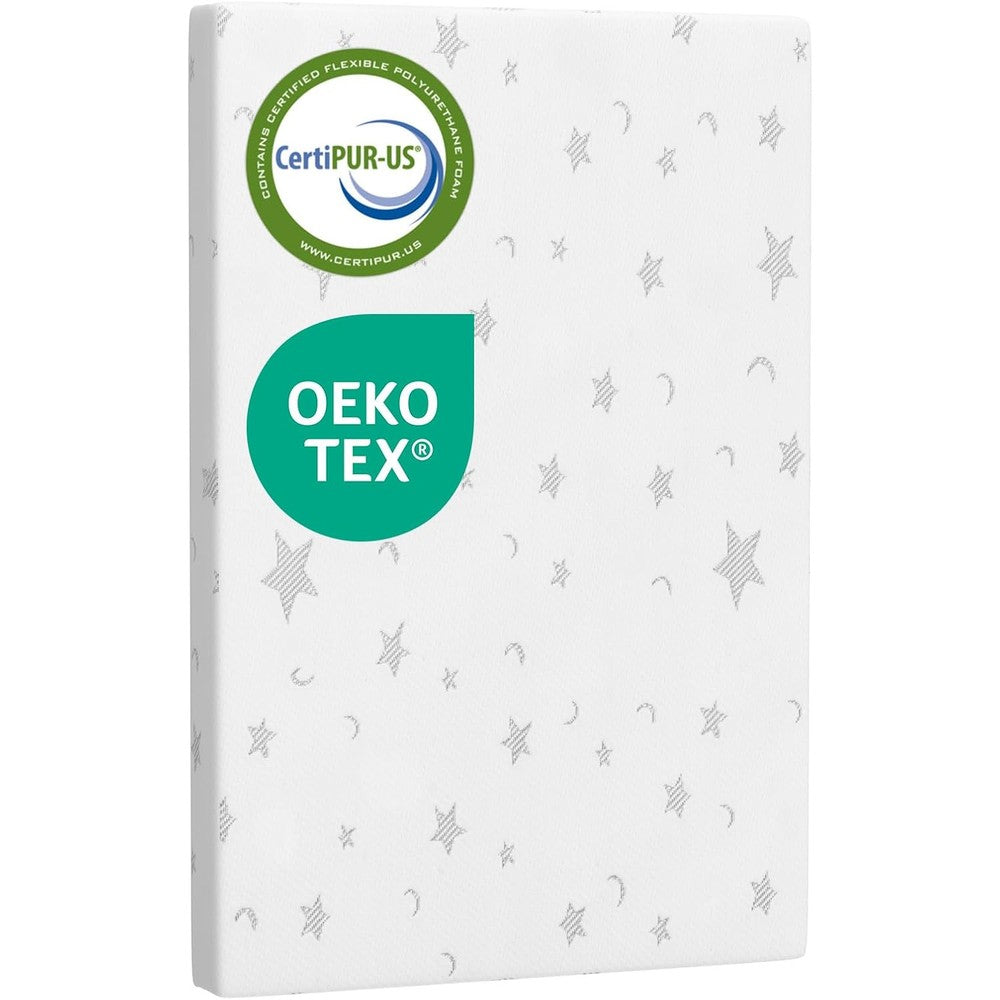 WUDIXU pack and play mattress pad front view in a portable baby playard.