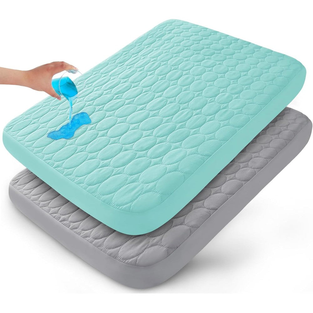 Biloban pack and play sheets quilted waterproof protector front view gray and aqua colors.