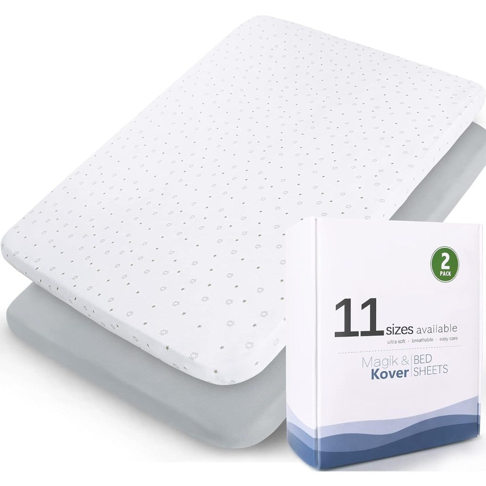 Magik & Kover star playard sheets front view of grey and white pattern
