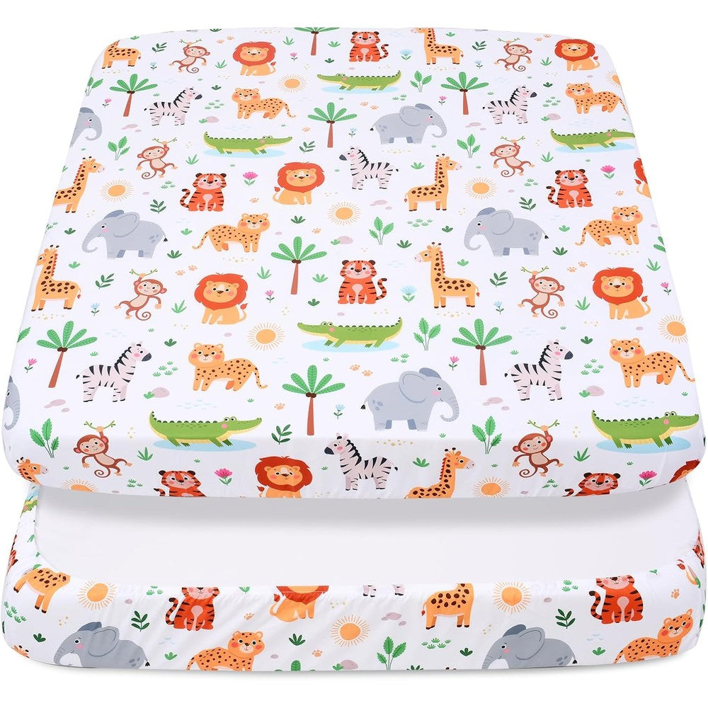 Cloele jungle animal fitted playpen sheet front view showcasing the multi color safari print on a white background.