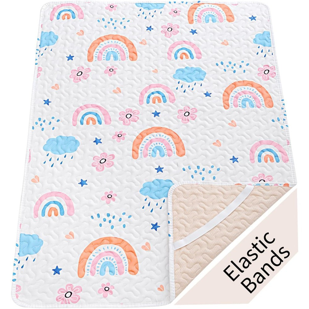MatLeya quilted pack n play sheet front view showing rainbow pattern design