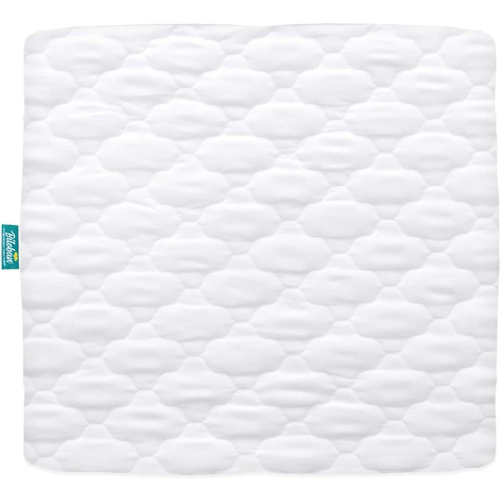 Biloban square playard mattress cover front view on crib mattress