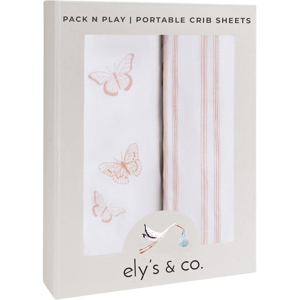 Ely's & Co. Pack and Play Sheets front view showing pink butterfly pattern