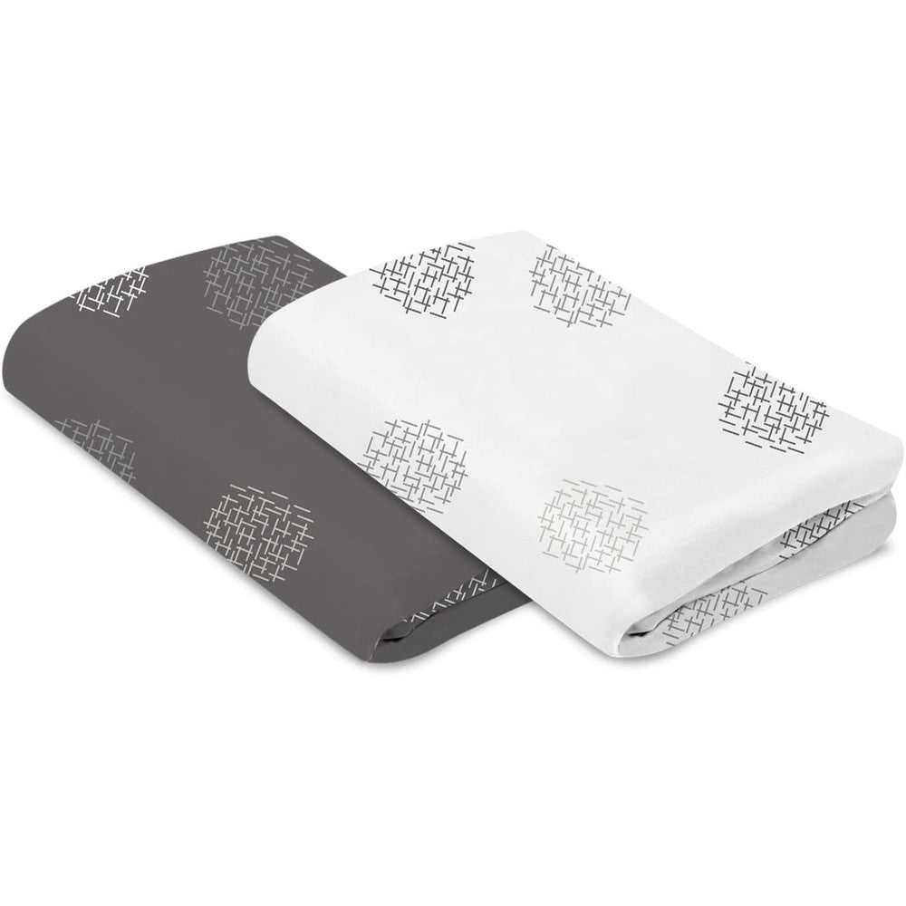 4moms breeze playard sheets front view in white and grey crosshatch cotton