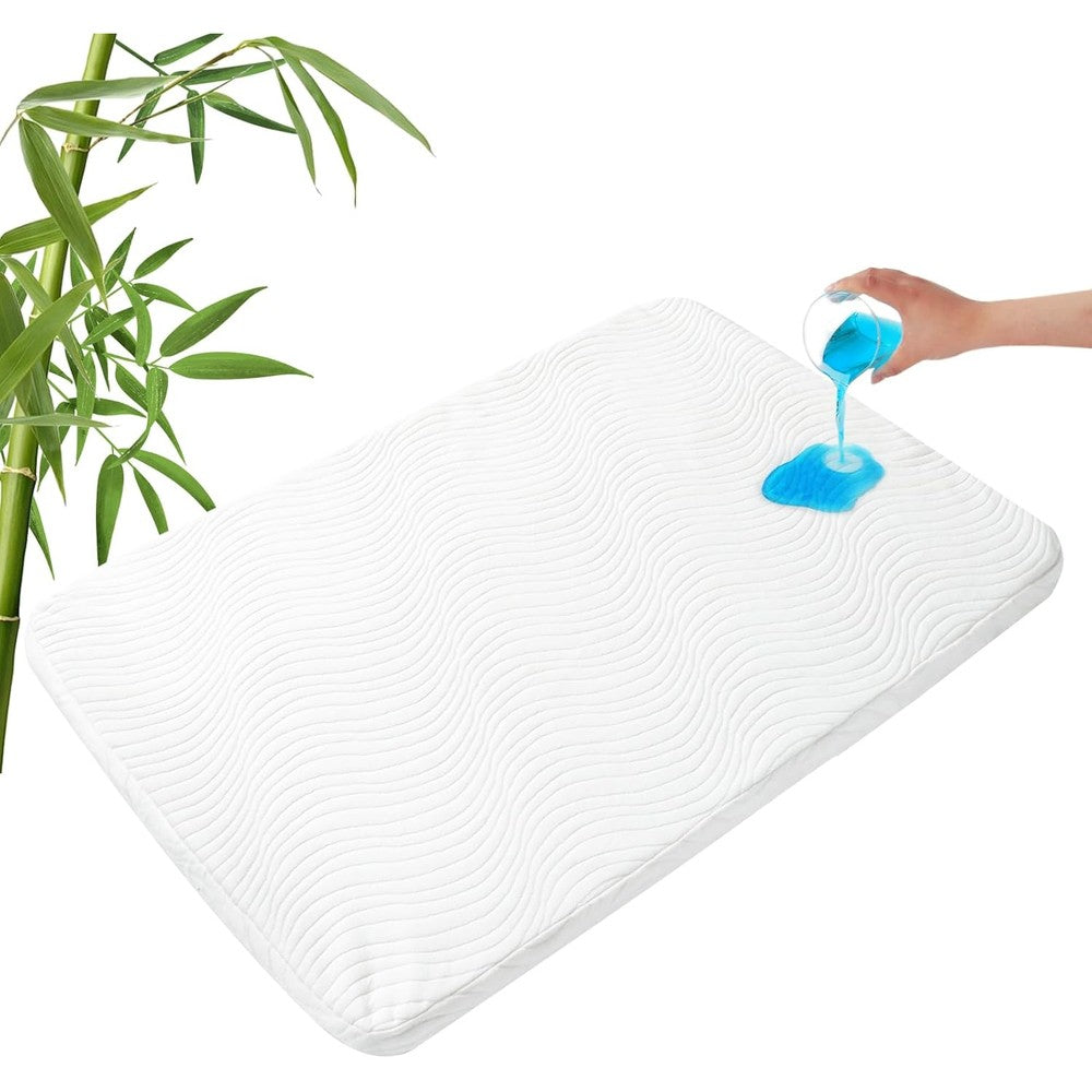 Magik and Kover pack and play mattress topper front view showcasing white wave patterned quilted cover