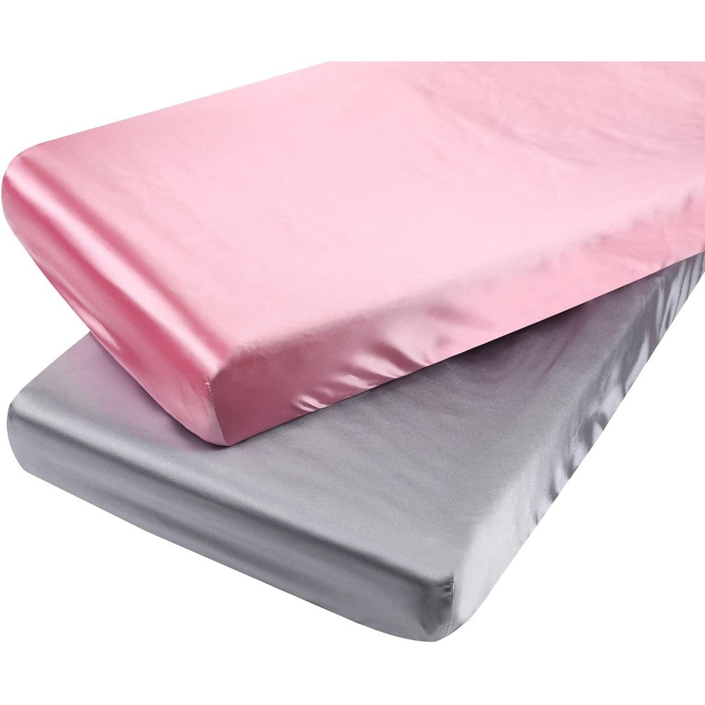 Tcmyyund satin pack n play sheet set front view showing grey and pink colors