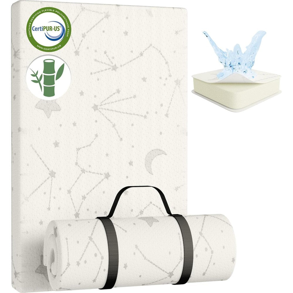 YENING Bamboo Pack and Play Mattress Pad front view showing the textured white bamboo surface.