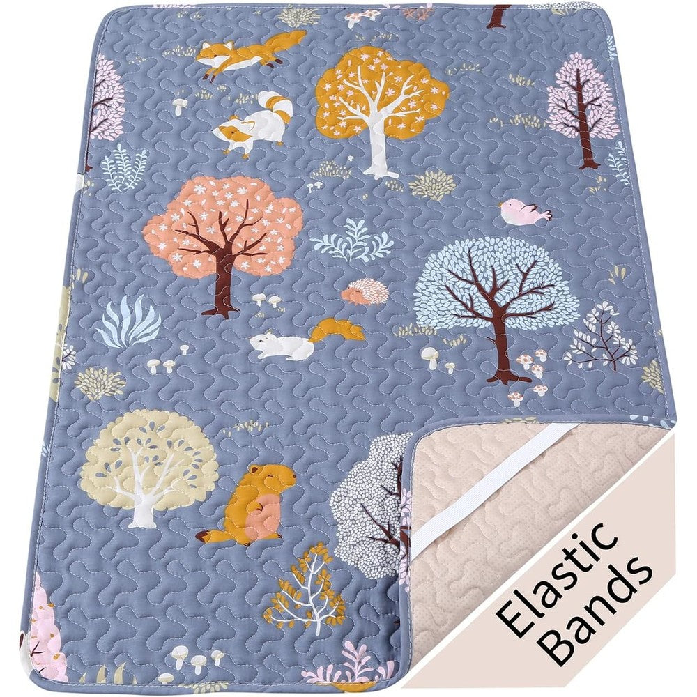 MIIMER padded pack n play sheets front view grey forest animal print mattress protector