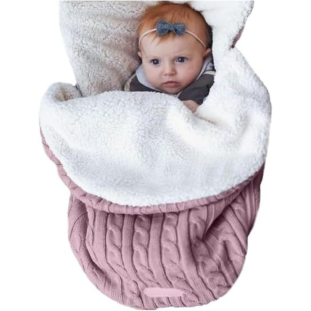 Juaugusep baby sleeping bag pink front view knitted winter swaddle