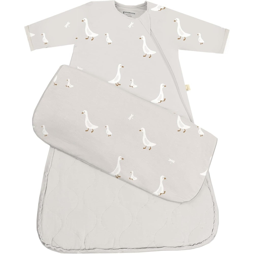 GUNAMUNA long sleeve sleep sack front view in grey goose pattern