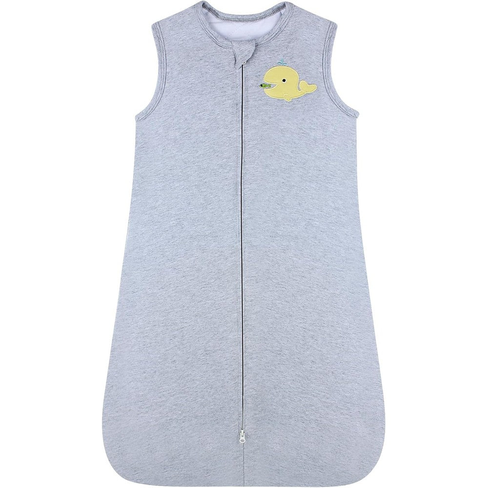 Roksuma 2.5 Tog Winter Baby Sleep Sack front view featuring grey quilted cotton and embroidered yellow whale.