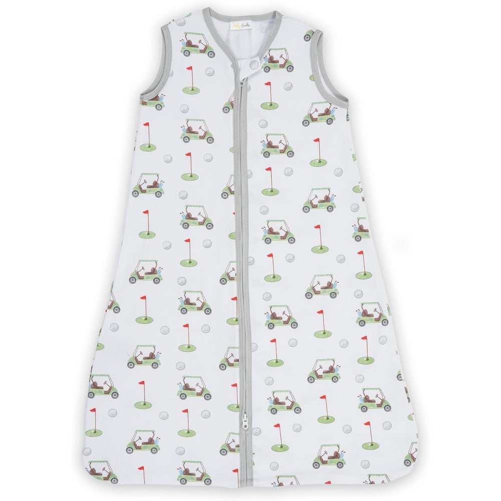 LollyBanks organic cotton baby sleep sack front view in golf outfit print