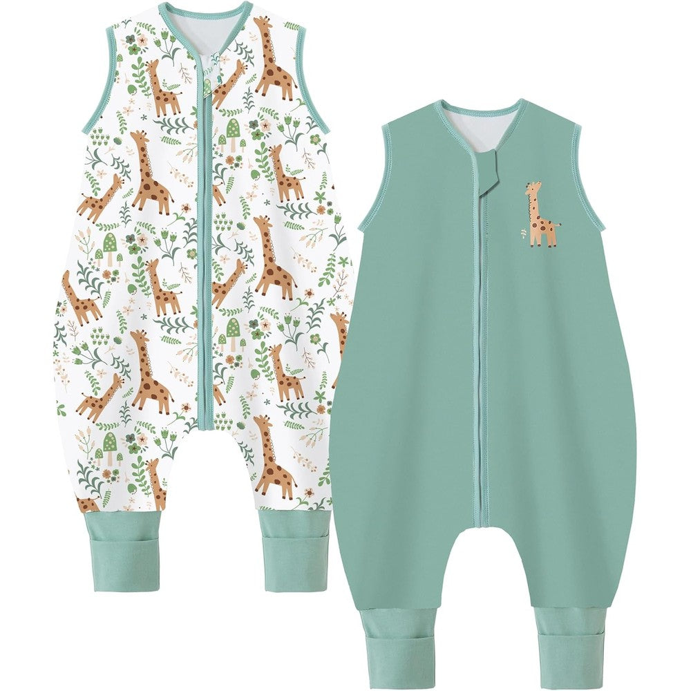 Chilsuessy toddler sleep sack with feet green giraffe print front view