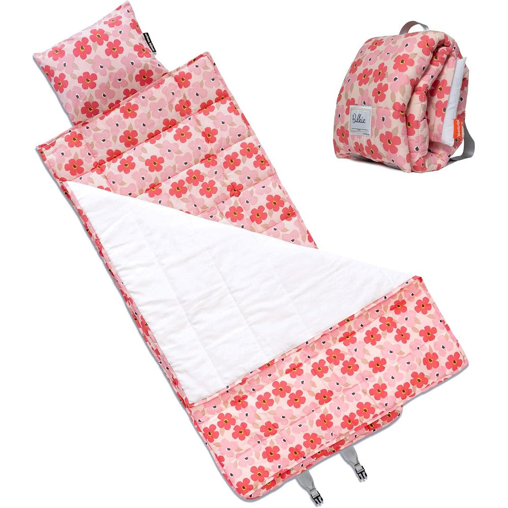 Urban Infant Bulkie Toddler Nap Mat in Poppies print spread flat showing the pink floral pattern and soft inner blanket lining.