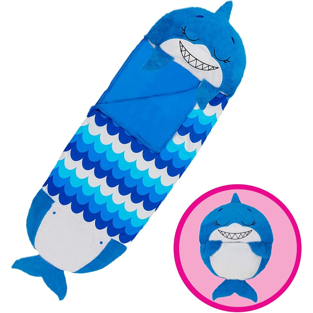 Happy Nappers Blue Shark Pillow and Sleepy Sack front view shown as a folded plush shark toy.