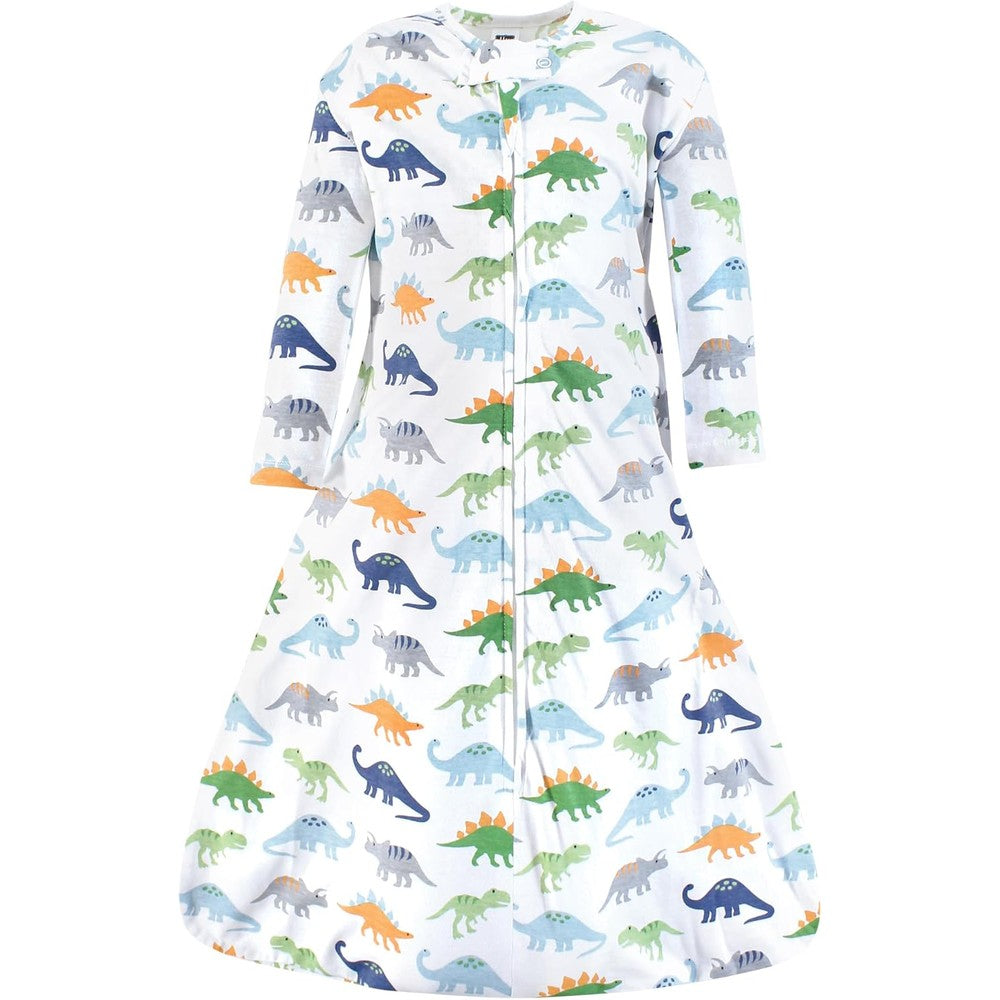 Hudson Baby Unisex Baby Long Sleeve Cotton Jersey Sleeping Bag front view showcasing the vibrant dinosaur pattern.