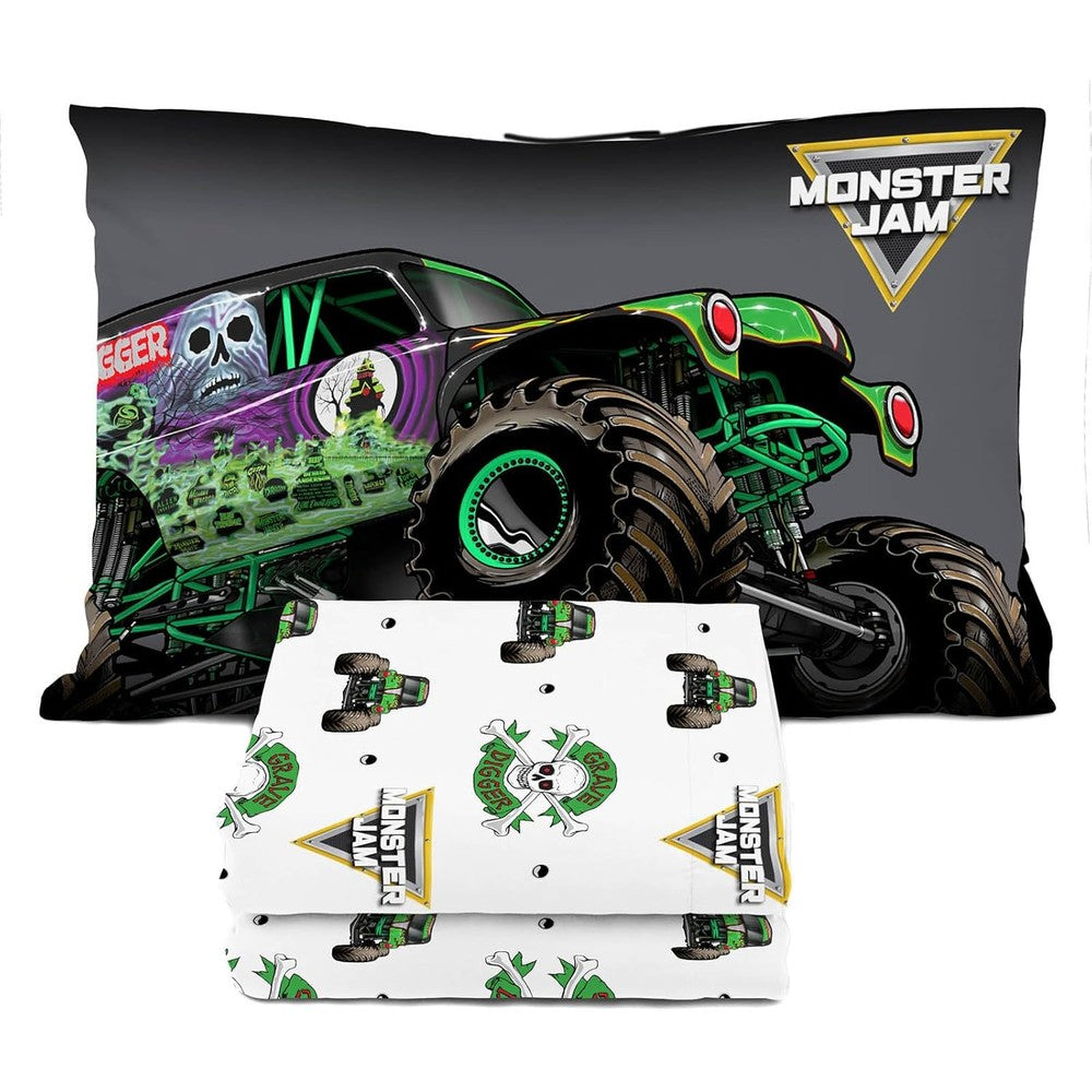 Sunny Side Up Monster Jam Grave Digger Toddler Sheet Set front view showing the full three piece bedding collection