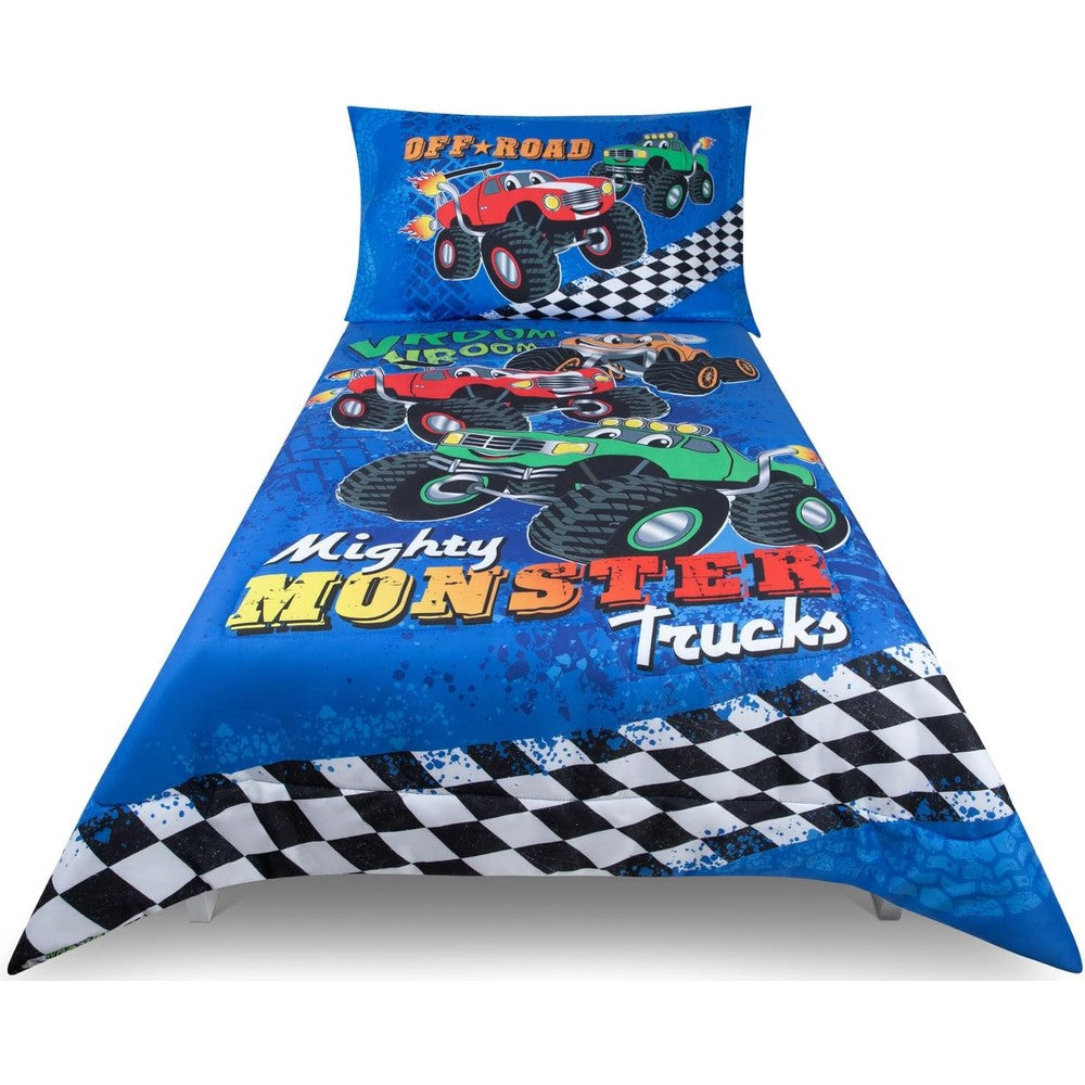 Todays Kids Monster Trucks toddler bedding set front view showing the blue reversible comforter and matching sheets on a bed.