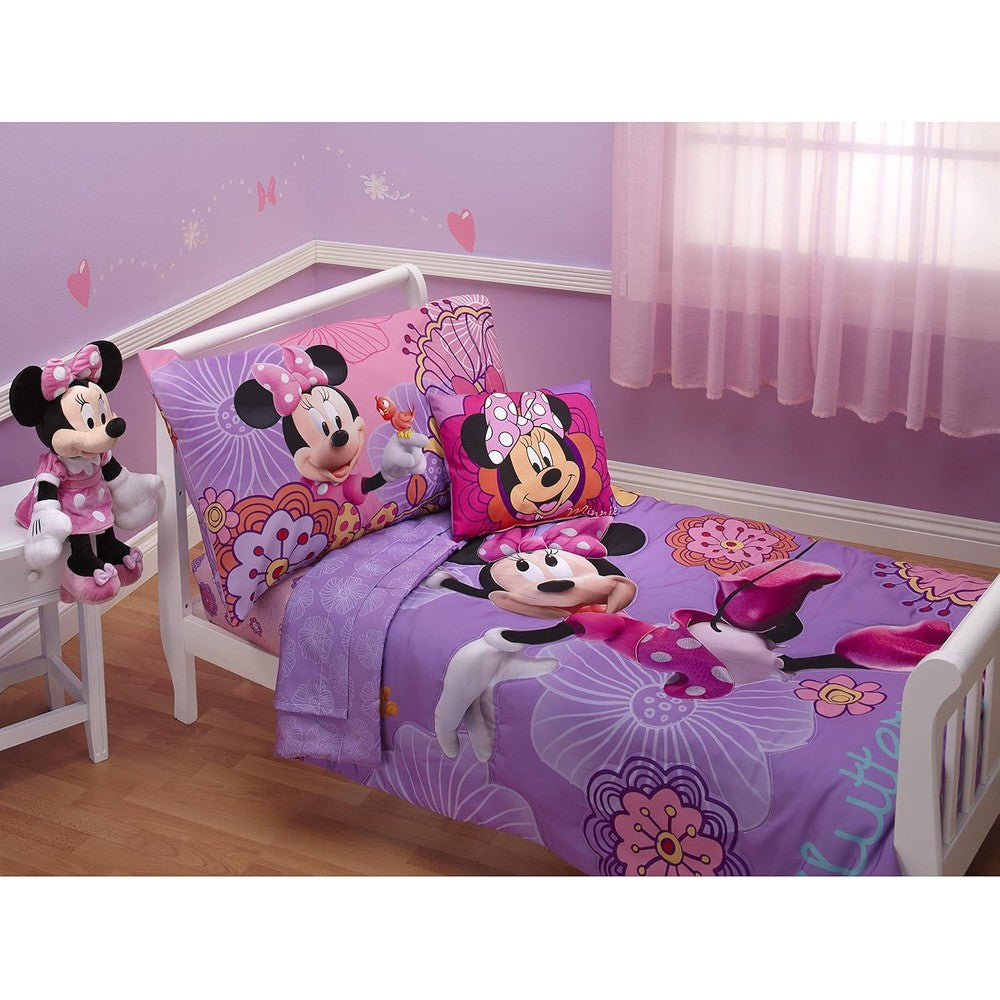 Disney Minnie Mouse 4 Piece Fluttery Friends toddler bedding set front view