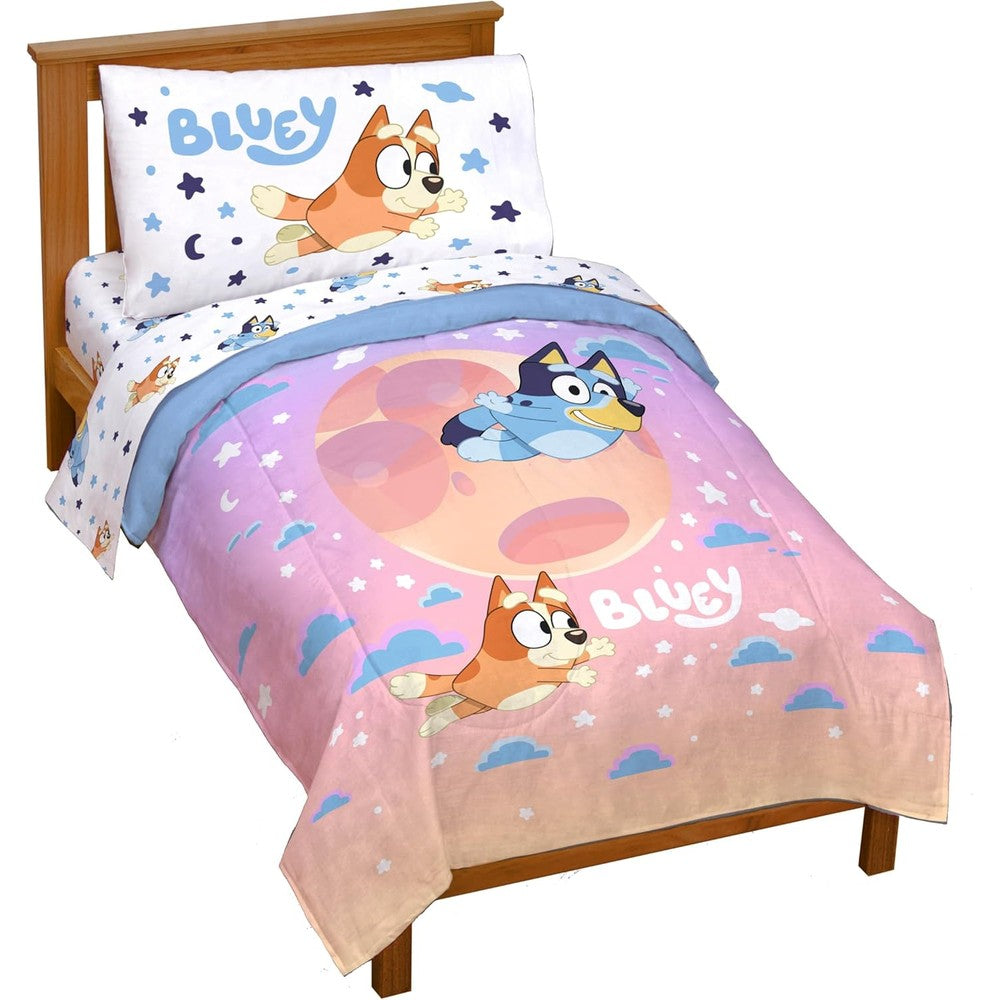 Jay Franco Bluey and Bingo toddler comforter set laid out flat on a kids bed showing full design