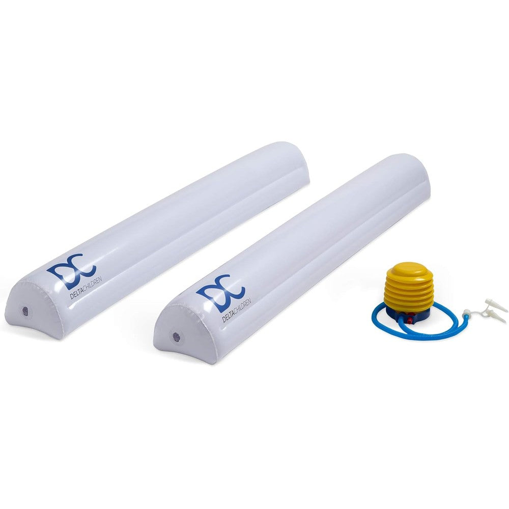 Delta Children inflatable bed rails front view showing white vinyl guards on a mattress