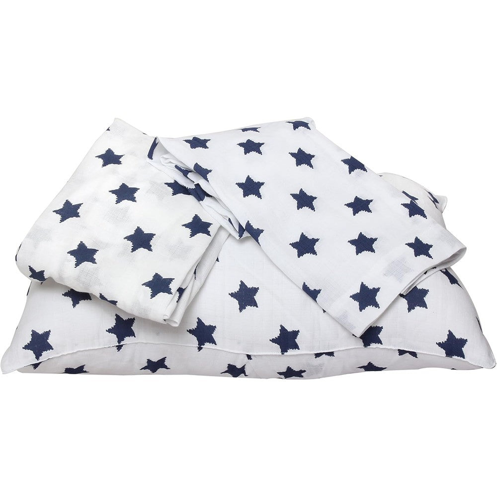 Bacati Muslin Ikat Stars 3 Piece Toddler Bed Sheet Set front view showing navy blue star pattern