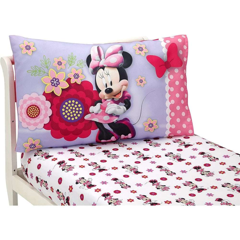 Disney Minnie Mouse Bow Power Toddler Sheet Set front view showing pink and purple bedding