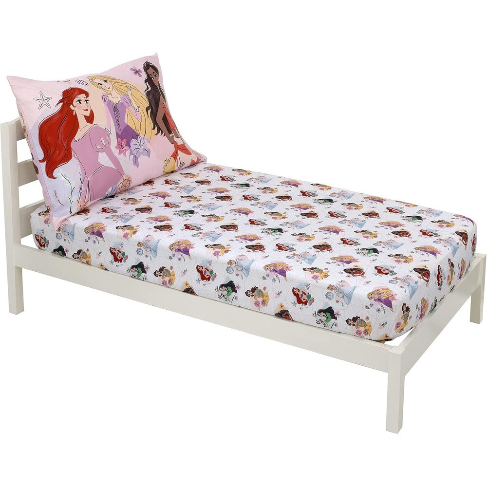 Disney Princess Bold As Ever toddler sheet set front view featuring Ariel and Rapunzel pillowcase