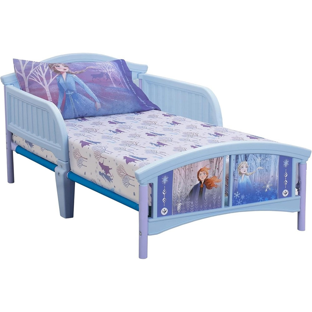 Disney Frozen 2 toddler sheet set front view showcasing the lavender and light blue printed fitted sheet and reversible pillowcase