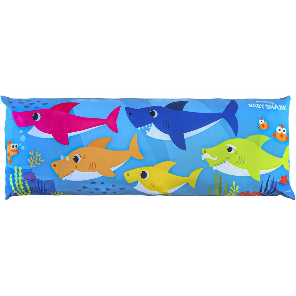 Pinkfong Baby Shark kids body pillow cover front view displaying vibrant cartoon shark family graphics