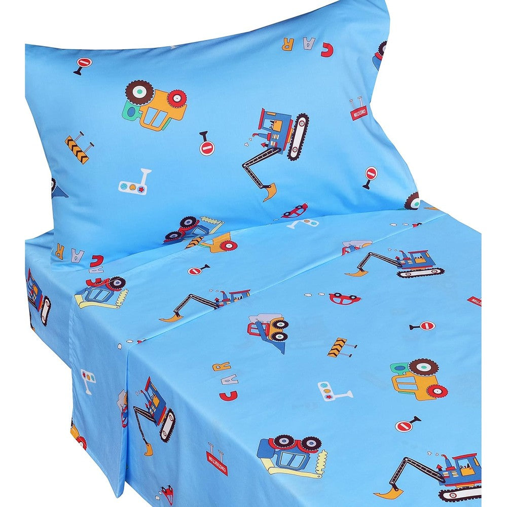 J-Pinno 3-piece blue excavator toddler sheet set front view