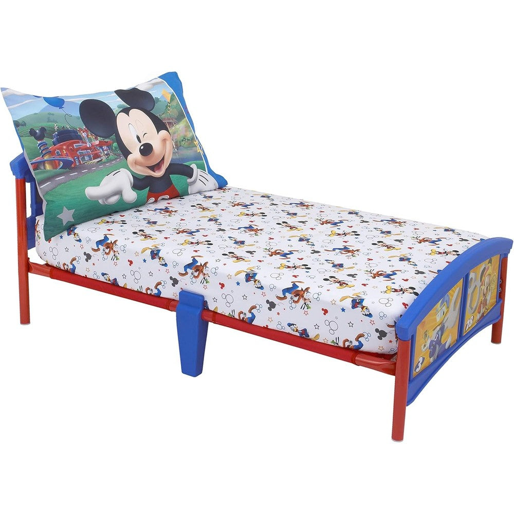 Disney Mickey Mouse toddler sheet set front view featuring colorful cartoon bedding characters.