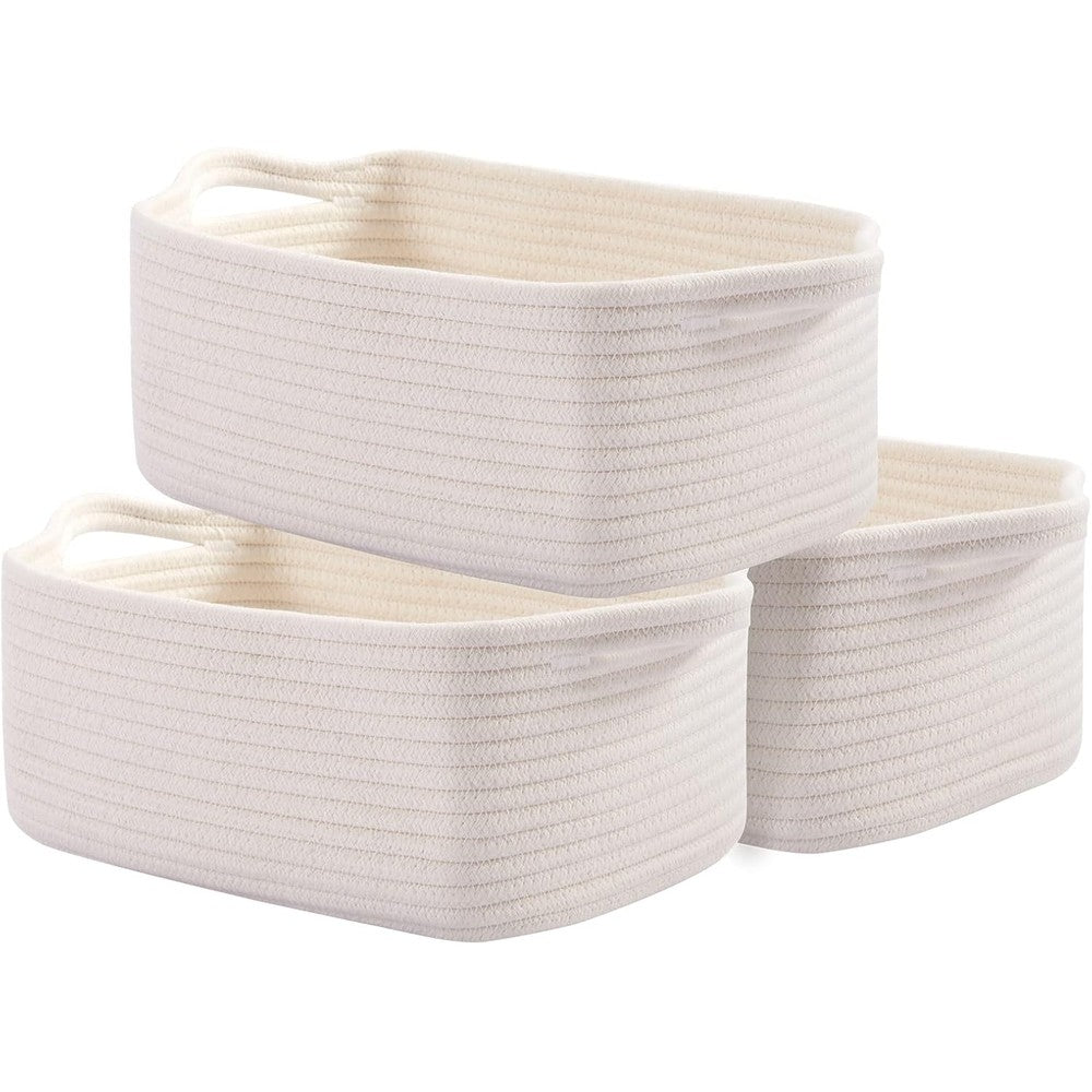 OIAHOMY cotton rope storage baskets pure white front view on bedroom shelf