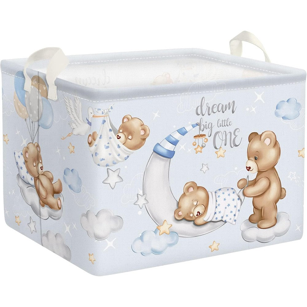 Clastyle sleeping bear balloons nursery storage basket front view displaying the dreamy blue animal print pattern