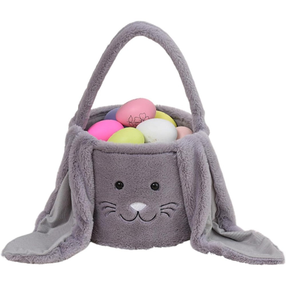 JKXUNF plush easter bunny basket gray front view showing embroidered rabbit face