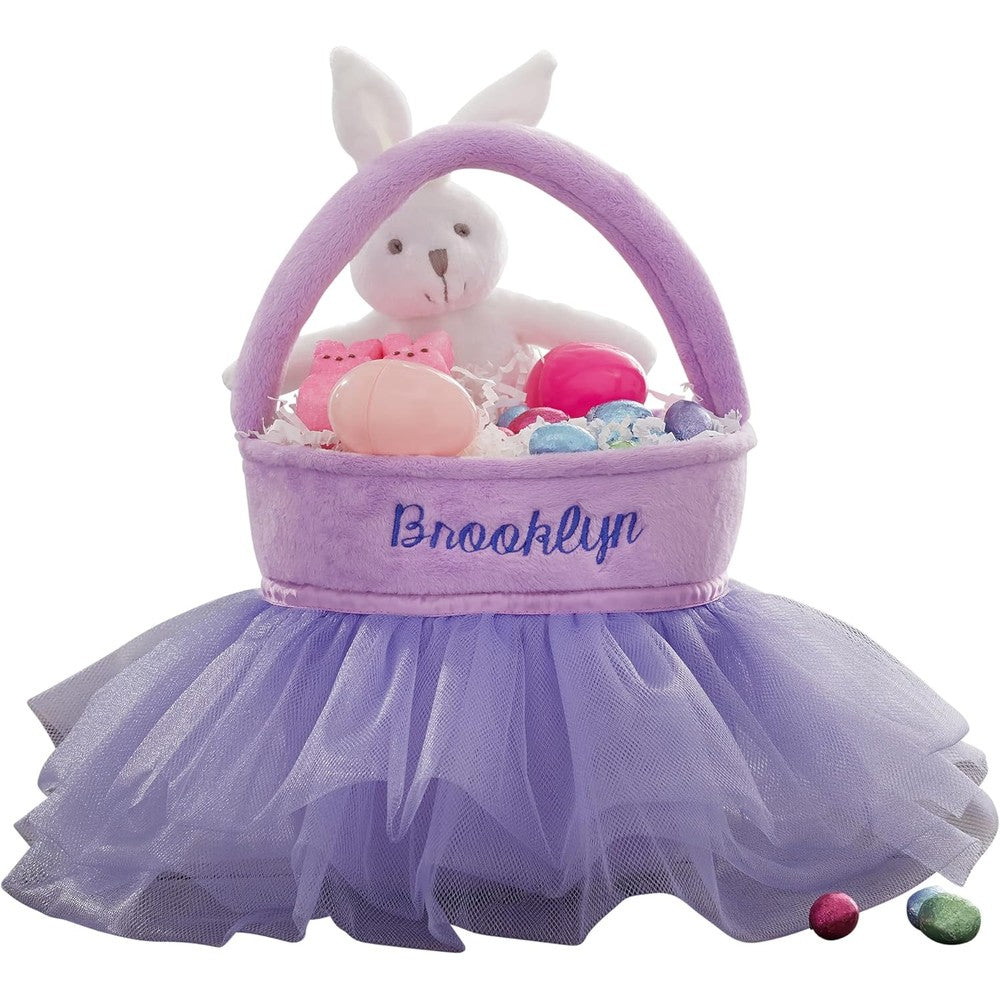 Personalization Universe Purple Tutu Personalized Easter Basket front view showing custom embroidery name layout.