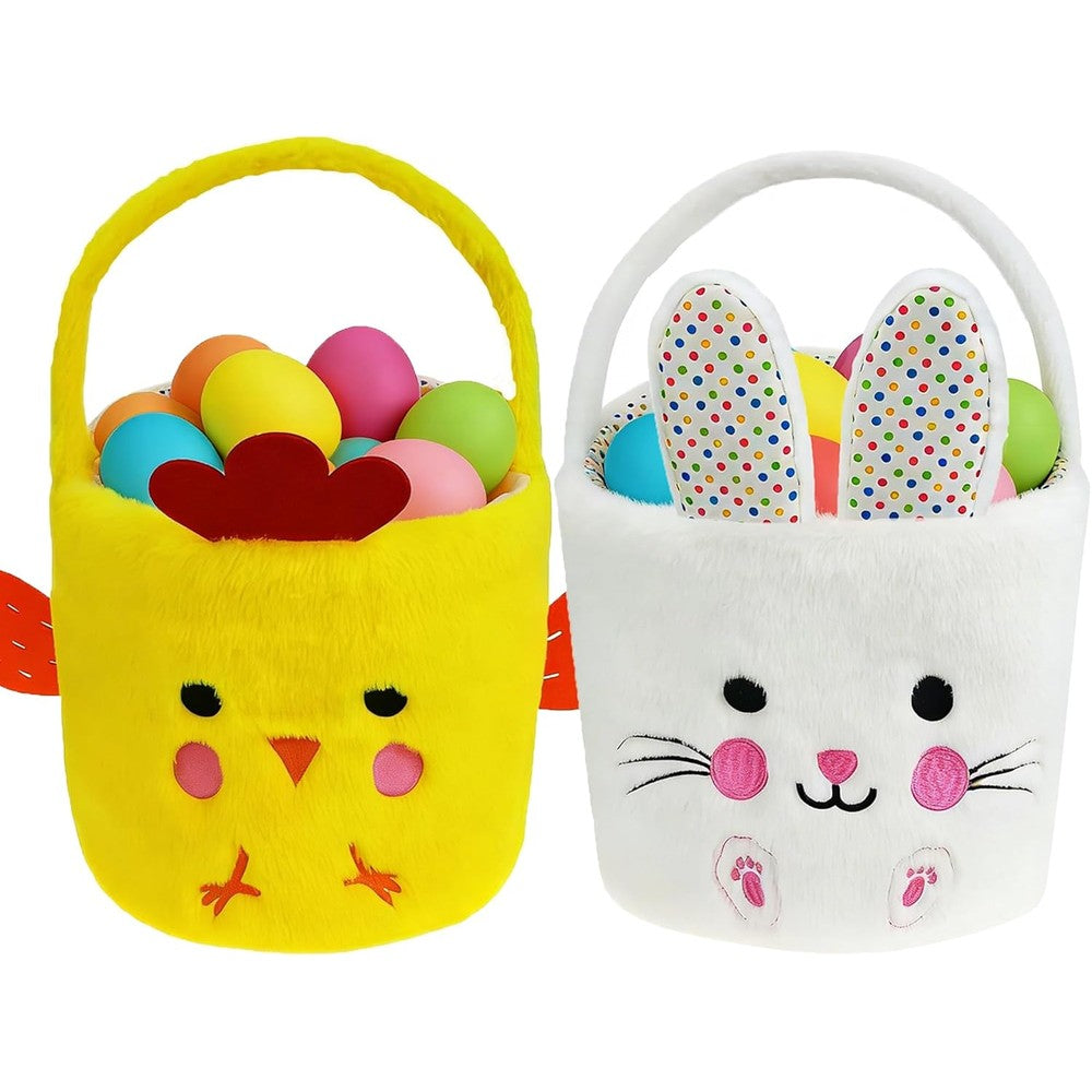 DearSun plush Easter basket bunny and chick two piece set front view showing cute embroidered animal details.