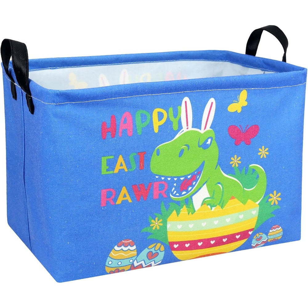 Nietein personalized dinosaur bluey fabric easter basket front view showcasing the blue cartoon patterns.
