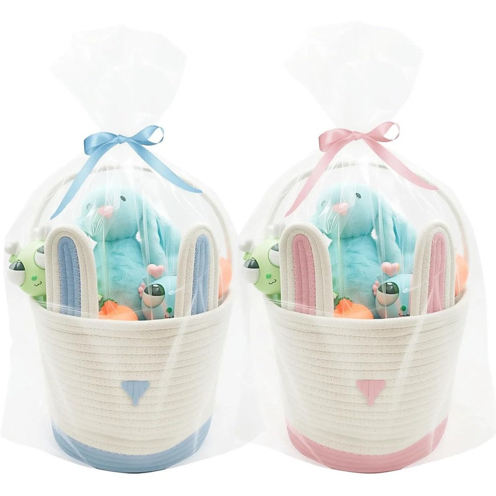 ZWHTB large woven cotton Easter baskets front view showing pink and blue bunny ears designs
