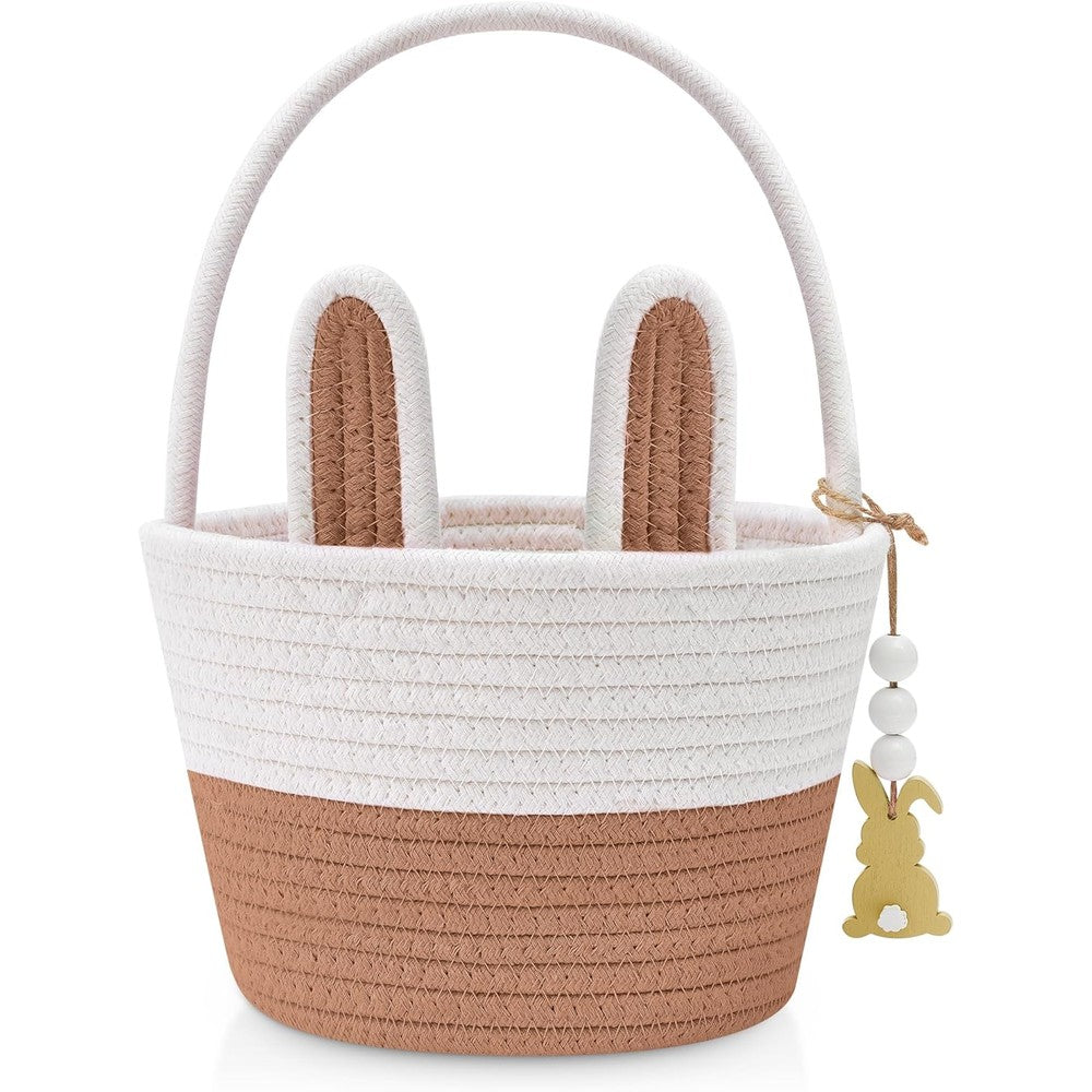 Mellbay personalized bunny easter basket grey front view showing woven cotton rope texture and handle