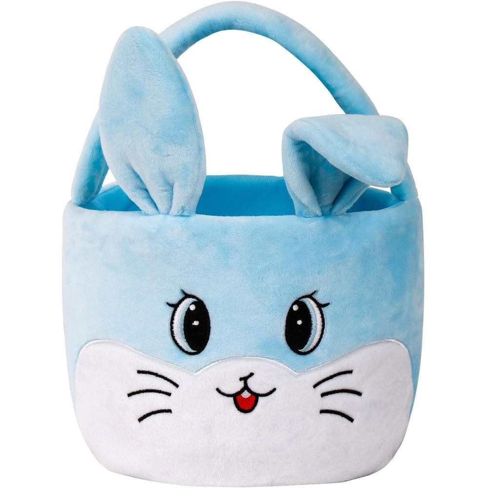 Wepop Easter Egg Basket for kids front view featuring blue cartoon design and plush folded bunny ears.