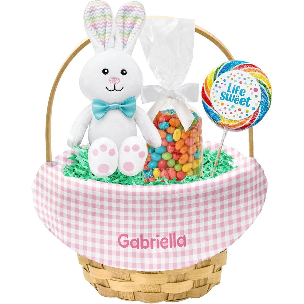 Let's Make Memories Personalized Easter Basket front view with pink spring gingham liner filled with holiday treats.
