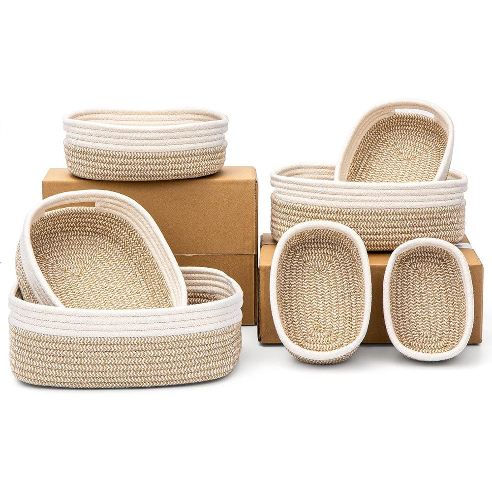 HLWDFLZ seven piece cotton rope woven basket set front view showing all nesting sizes